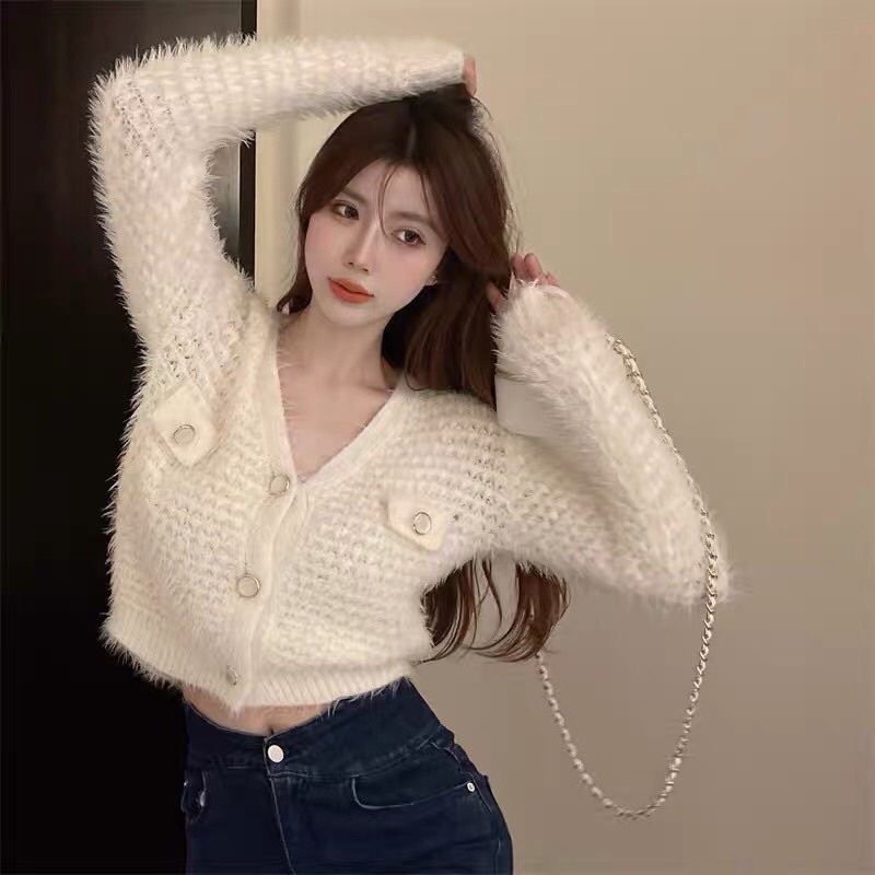 Áo len cardigan lông thỏ cúc bọc siêu sang chảnh