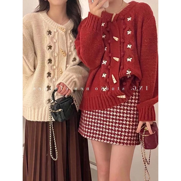 Áo cardigan len thêu hoa khuy sừng, Áo khoác len cardigan Quảng Châu vintage thêu hoa cúc sừng