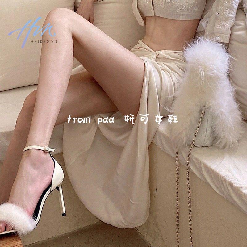 Sandal Cao Gót Một Đường Lông Chồn Cao Gót Mũi Vuông Màu Trắng Thời Trang Thu Đông Mới 2022 Dành Cho Bạn Nữ