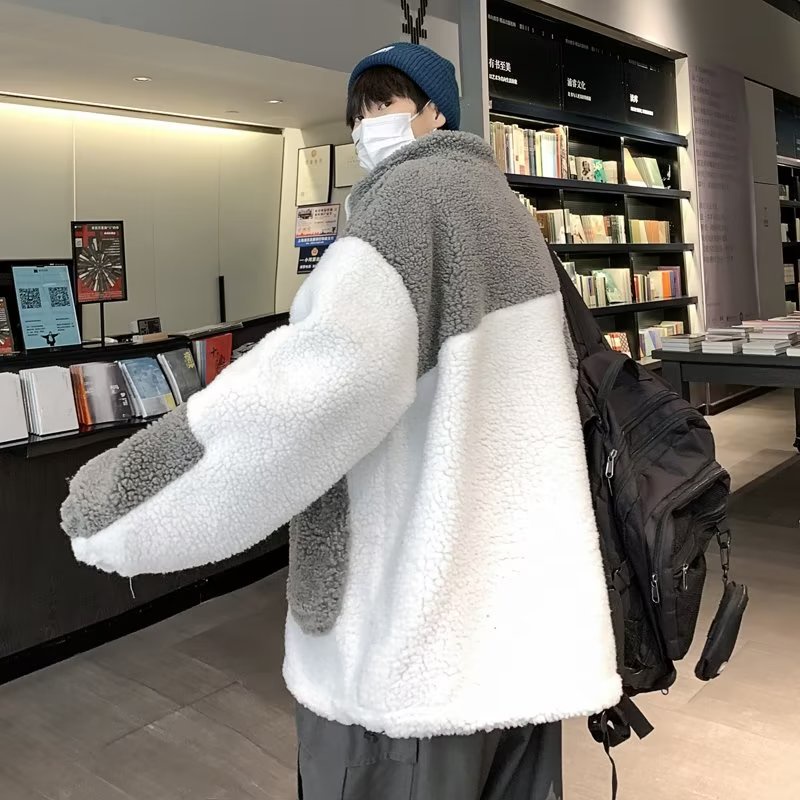 Áo Khoác Lông Cừu Cao Cấp Dáng Rộng Phối Màu Tương Phản Có Khóa Kéo Thời Trang Mùa Đông Phong Cách Hàn Quốc Cho Nam
