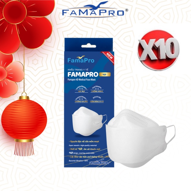 Combo 10 Hộp khẩu trang y tế cao cấp kháng khuẩn 3 lớp Famapro 4D (10 cái/hộp)