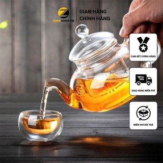Bộ ấm trà thủy tinh hoa cúc full set gồm ấm, chén, khay cao cấp