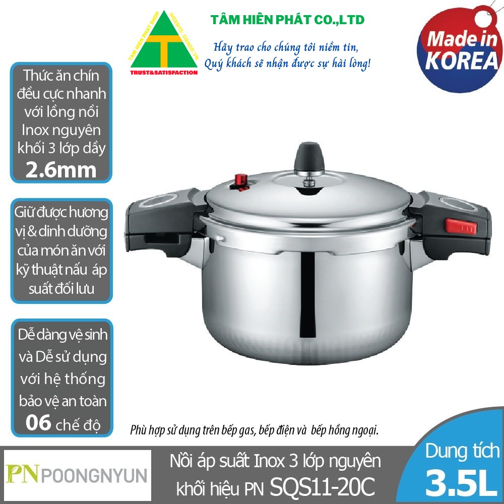 Nồi áp suất Inox POONGNYUN SQS11-20C  - Hàng chính hãng - Xuất xứ Hàn Quốc - BH 12 tháng