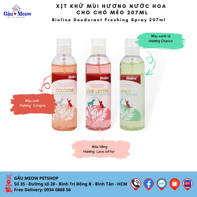 Bioline Deodorant Freshing Spray Chai xịt khử mùi cơ thể và môi trường sống chó mèo hương nước hoa 207ml