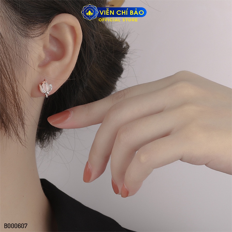 Bông tai bạc nữ hoa hồng khóa tròn đính đá chất liệu bạc 925 thời trang phụ kiện trang sức Viễn Chí Bảo B000607