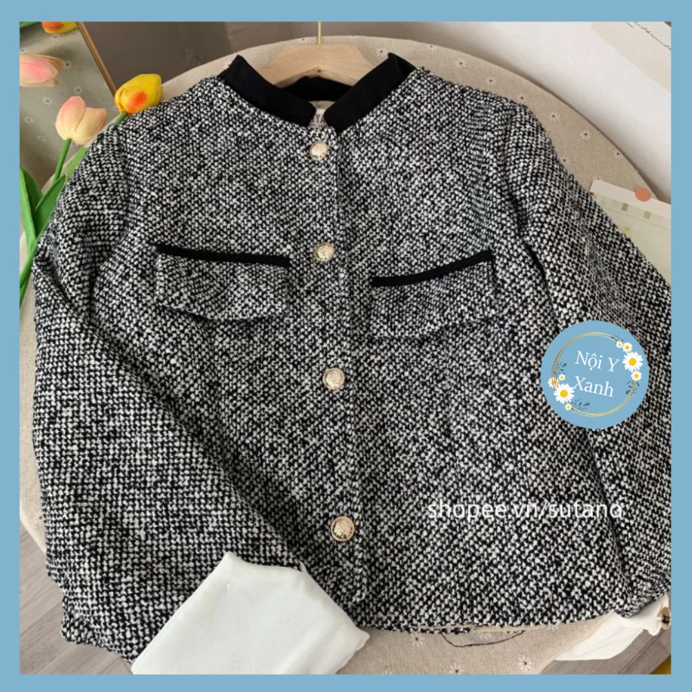 áo khoác dạ twee 2 lớp dáng croptop phối trắng tay cúc đồng vương quyền  A12 Nội Y Xanh hot trend thu đông ấm áp