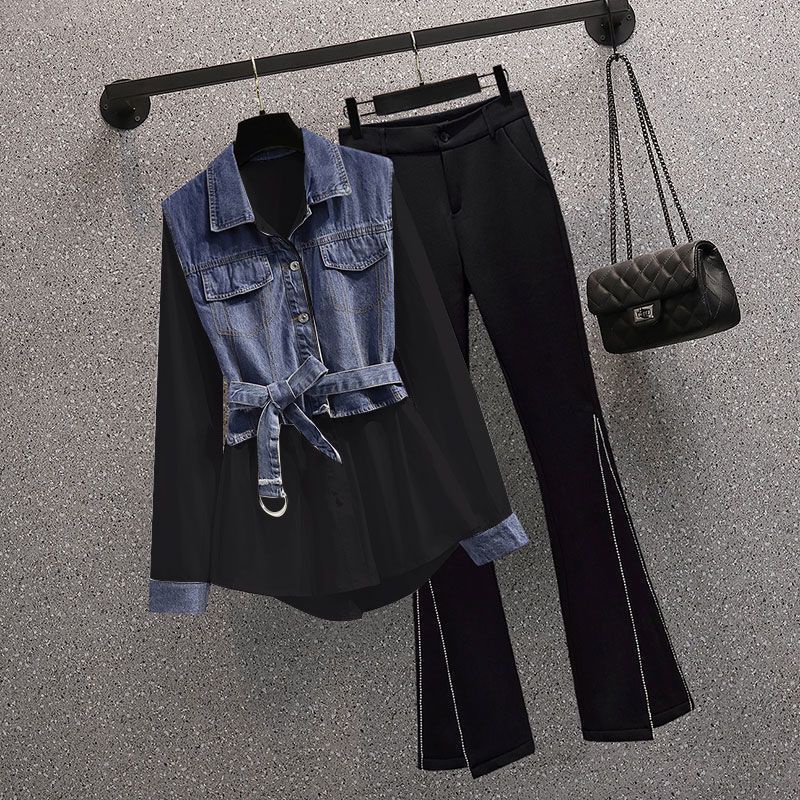 Set Áo Sơ Mi + Quần Denim Ống Loe Thời Trang Mùa Thu 2022 Plus Size Cho Nữ