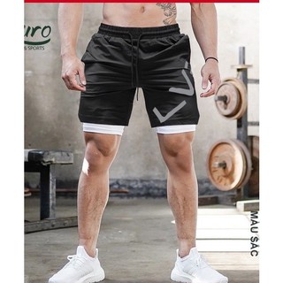 Quần đùi nam 2 lớp vải thun 4 chiều co giãn sử dụng cho tập GYM Yoga và các hoạt động thể thao QTTN004
