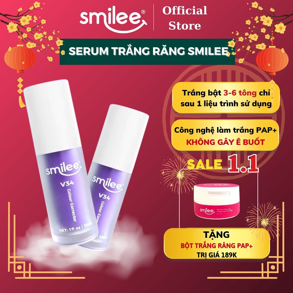 Tinh chất làm trắng răng Smilee Serum V34 tặng kèm bột trắng răng PAP+, combo làm trắng răng tức thì, không gây ê buốt