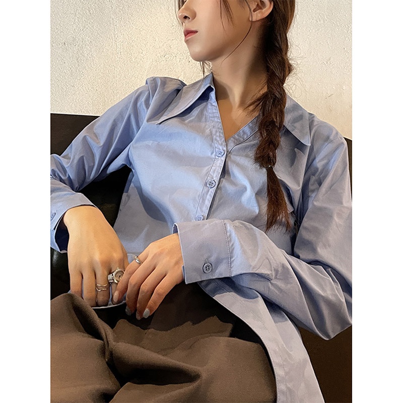 Áo Sơ Mi Nữ Tay Dài Màu Trơn Dáng Rộng Phong Cách Retro Thời Trang