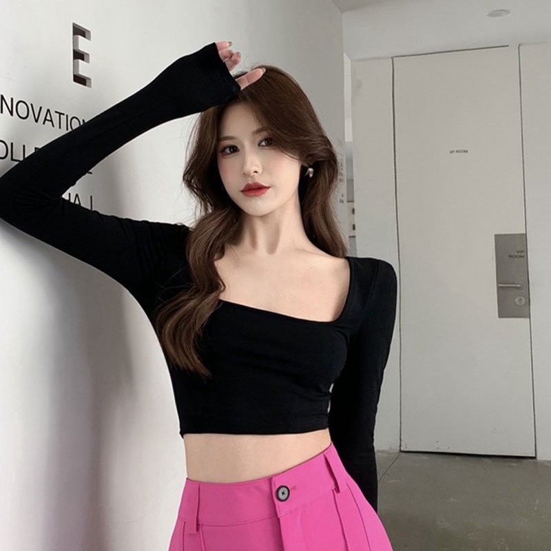 Áo XINLANYASHE tay dài cổ vuông màu trơn hở lưng thời trang xinh xắn cho nữ