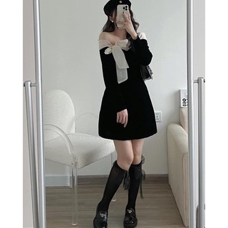 Đầm nhung trễ vai thắt nơ (ảnh thật/ có sẵn)