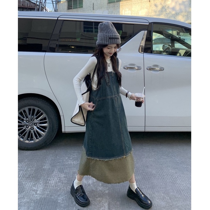 Váy Yếm Jean Dáng Dài Phối 2 Màu Tiểu Thư Mẫu Mới Mùa Đông Taobaotrend.Hn