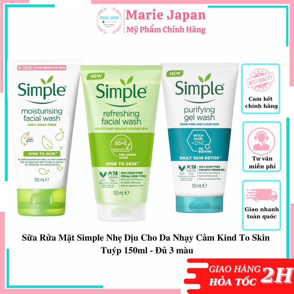 Sữa Rửa Mặt Simple Dạng Gel Nhẹ Dịu Cho Da Nhạy Cảm Kind To Skin Refreshing Facial Wash Tuýp 150ml