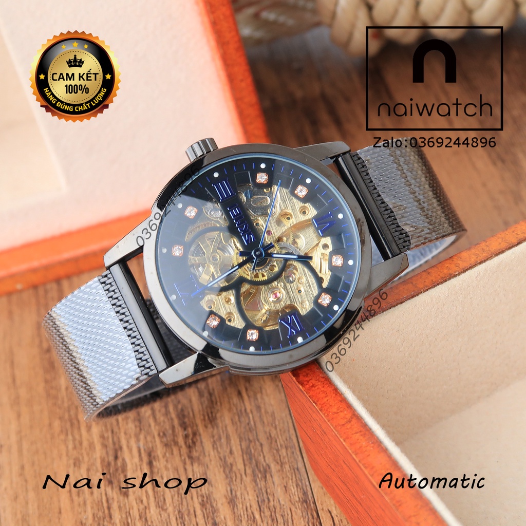 Đồng hồ nam Skmei cơ tự động full đen, dây lưới thép cực trẻ trung năng động