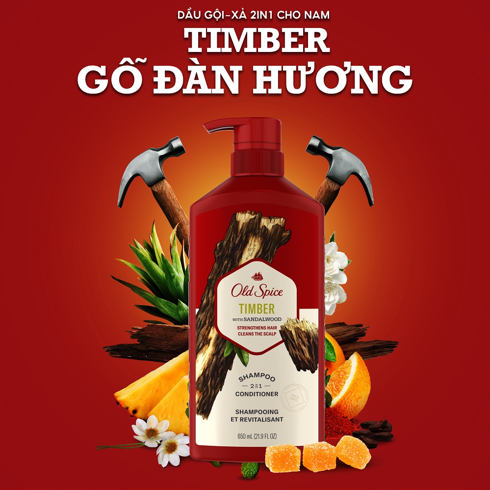 Combo 2 Dầu Gội OLD SPICE 2in1 Hương Nước Hoa Cho Nam Chai 650ML/chai - Gỗ Đàn Hương & Hoang Dã Mạnh Mẽ