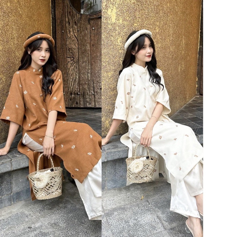 Áo dài “TRÚC ANH”  - Áo dài nhung lì thêu hoa vintage kèm mấn