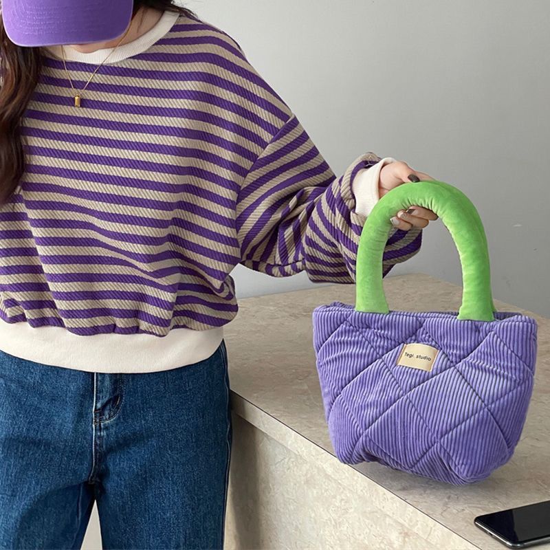 Túi Xách Tote Đeo Vai Vải Nhung Đính Đá Màu Tương Phản Phong Cách Retro Kích Thước 19X11X17