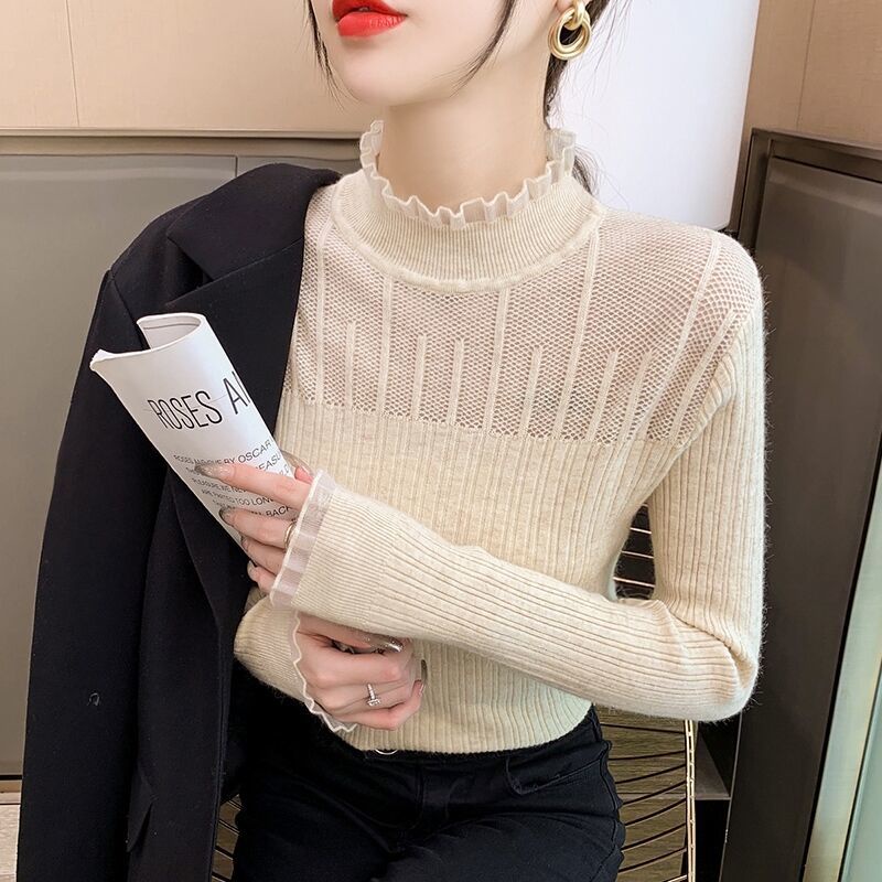 Slim lace stitching half-high collar bottoming long-sleeved shirt