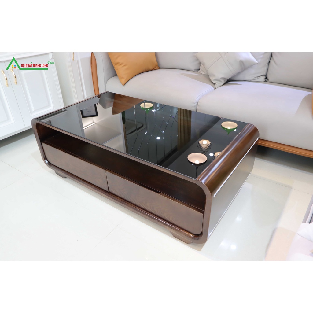 Bàn trà gỗ 🎁 MIỄN PHÍ VẬN CHUYỂN 🎁 Mẫu bàn trà sofa gỗ tự nhiên, màu óc chó, Mặt Kính Đen, Kích thước 120 x 60 x 40 cm