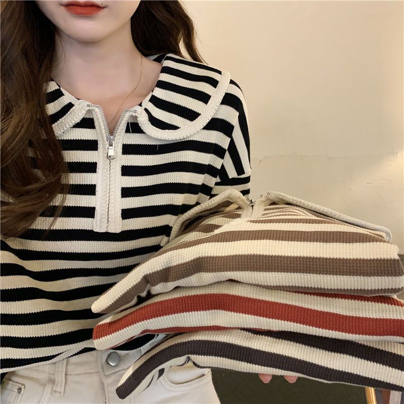 Áo sweater Tay Dài Dáng Ôm Họa Tiết Kẻ Sọc Thời Trang Hàn Quốc Cho Nữ