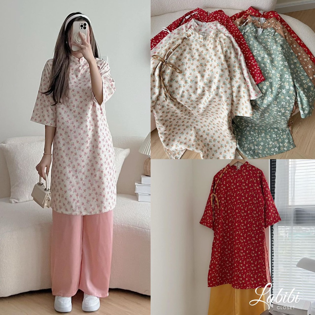 Áo Dài Cách Tân Hoa Nhí Tay Suông Thắt Nơ Vai Kèm Quần Lụa Mềm Mịn Nhiều Màu Siêu Xinh, Labibi