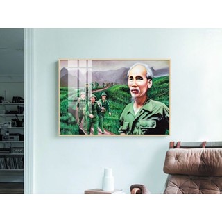 Tranh Bác hồ cùng cùng chúng cháu hành quân 90x60cm sẵn treo/ tranh tráng gương