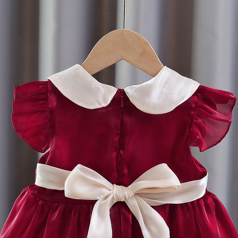 Váy Bé Gái, Đầm Tay Ngắn Đính Nơ Lụa Tơ Bóng Sang Chảnh Cho Bé Gái Từ 8 - 18kg