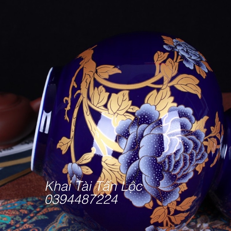 Bình hoa hồ lô gốm sứ vẽ mẫu đơn cao 24cm tặng đế gỗ