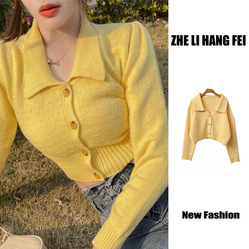 Áo cardigan ZHELIHANGFEI dệt kim tay dài cổ bẻ dáng ôm eo cao kiểu Pháp quyến rũ