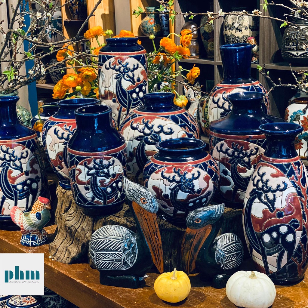 Bộ bình điêu khắc tuần lộc xanh dương - hồng đỏ