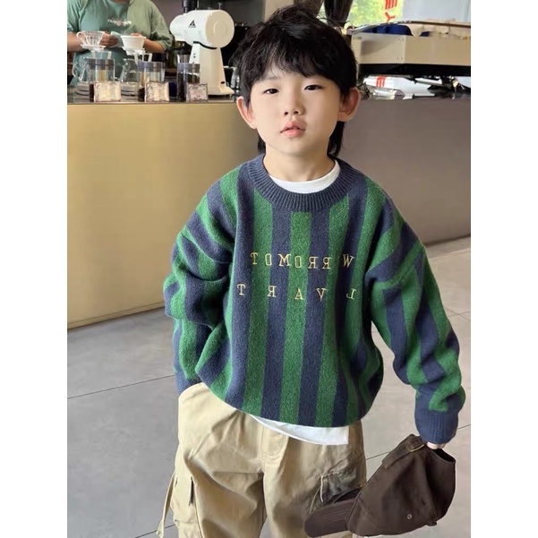 (A.K Shop) Áo len bé trai kẻ dọc màu xanh cá tính hàng quảng châu loại 1 - size đại
