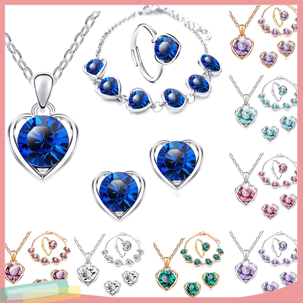 Bộ Trang Sức 4 Món Mặt Trái Tim Đính Đá Thời Trang Dành Cho Nữ