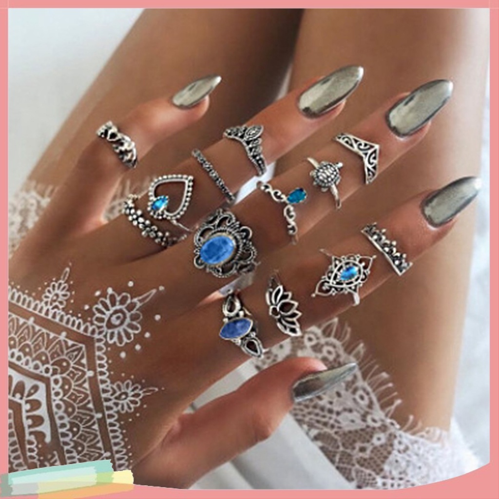 Set 11/13/15 nhẫn hợp kim màu đen đính đá nhân tạo thời trang cho nữ