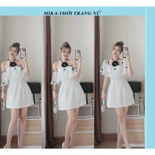 Váy đầm nữ dây viền đen cột cổ đính hoa cực xinh, phối bèo trễ vai công chúa dễ thương ( có mút ngực ) quý phái dự tiệc