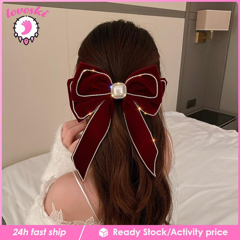 Kẹp Tóc Nơ Đính Đá Đuôi Dài Phong Cách Vintage