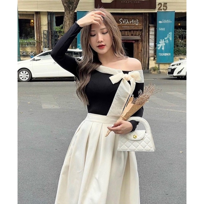 Set Váy Nữ Trễ Vai Thắt Nơ Mix Chân Váy - Halinh Shop - Set Áo Trễ Vai Nơ Voan Kèm Chân Váy Xếp Ly Dài Hàn Quốc Size SM