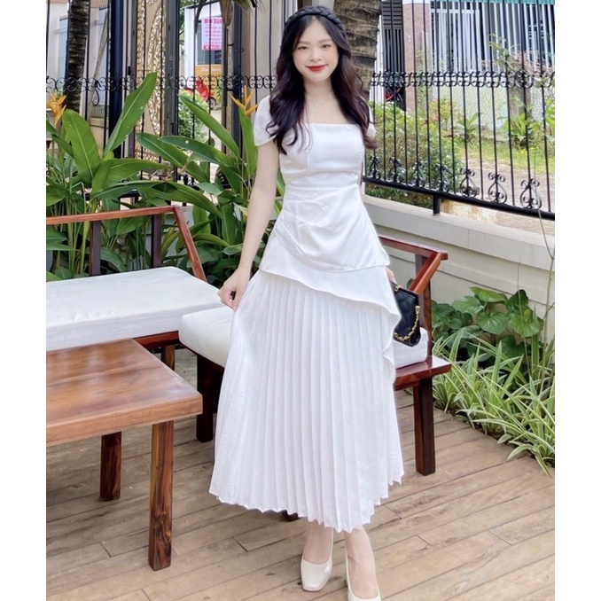Set áo cổ vuông vạt chéo peplum chân váy xếp li trắng dài sang chảnh - Set đồ dự tiệc cưới có mút ngực