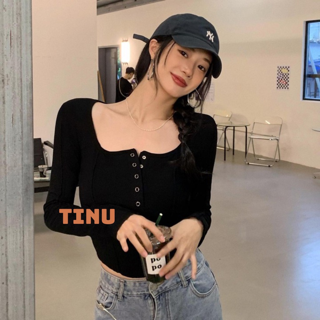 Áo thun cổ vuông, vạt bầu croptop nữ bigsize TINU, tay dài, tay ngắn 55-90kg, độ co dãn cao chất liệu thun gân