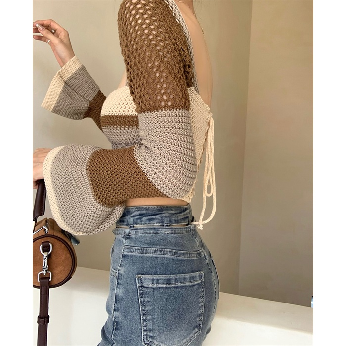 Áo dệt kim ZHELIHANGFEI tay dài cổ vuông hở lưng quyến rũ phong cách thời trang Pháp