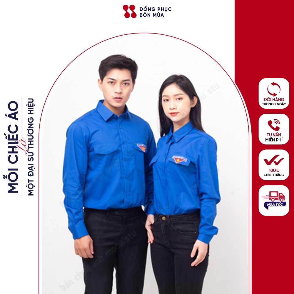 Áo sơ mi đoàn thanh niên dài tay  DONGPHUCBONMUAOFFI màu xanh chất liệu cao câp sẵn hàng tại shop