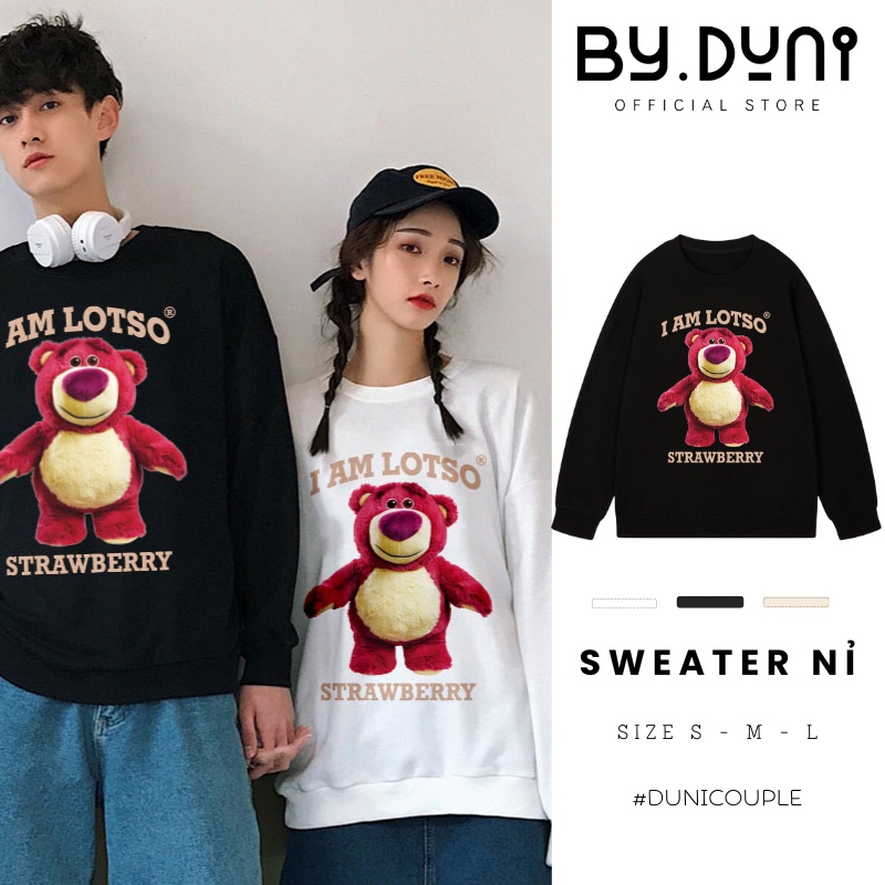 Áo Sweater cặp đôi nam nữ form rộng, áo cặp bạn thân unisex vải nỉ cotton tay dài By.duni GẤU DÂU LOTSO cho mùa thu đông
