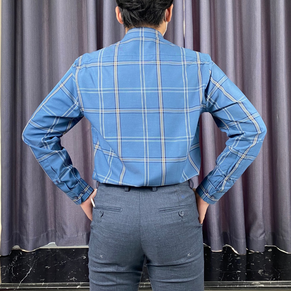 Áo sơ mi dài tay nam OWEN AR220812D somi công sở vải bạc hà cao cấp kẻ caro xanh đậm dáng regular fit tà lượn không túi