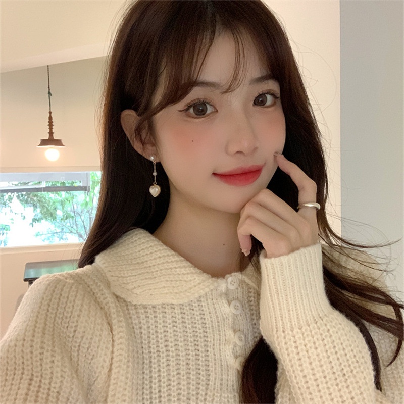 Khuyên tai kẹp không bấm lỗ chốt cố định K297 bằng hợp kim mạ vàng hình trái tim đính hạt trai dáng dài Leous