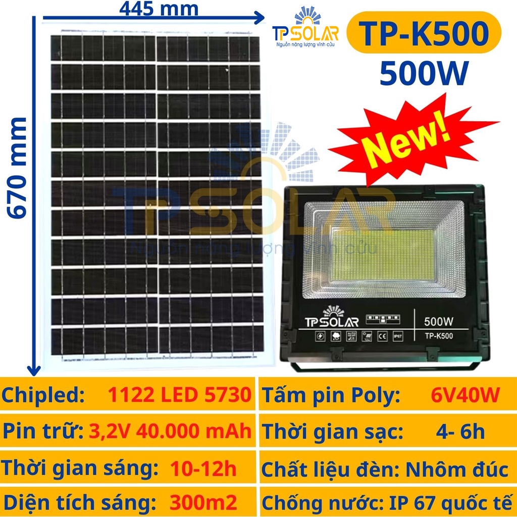 Đèn Pha Led Năng Lượng Mặt Trời TP Solar Công Suất 500W TP-K500 Công Suất Lớn, Chống Lóa, Độ Bền Cao