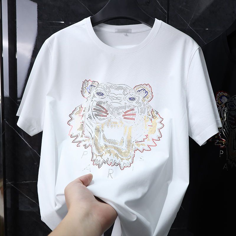 Áo Thun Cotton Ngắn Tay Cổ Tròn In Hình Hổ Đính Đá Phong Cách Đường Phố Cho Nam