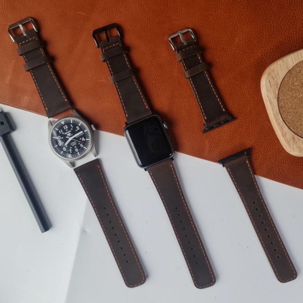 Dây da đồng hồ Daisy nâu đen chất liệu da sáp size 20mm,22mm,24mm tương thích đồng hồ apple watch thương hiệu WEMODA