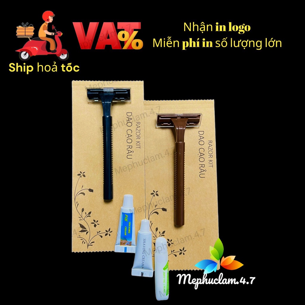 100 dao cạo râu cán nhựa tròn bao bì Kraft nâu in hoa văn sang trọng cho khách sạn, nhà nghỉ, homestay, resort, villa,..