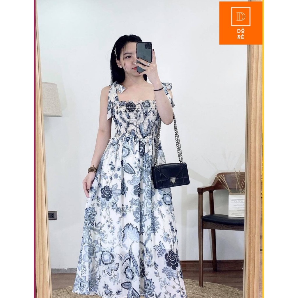 Đầm maxi Roem nơ vai, xếp chun co giãn, nơ vai xinh iu, Chất lụa tơ họa tiết chuẩn Auth (DR027)