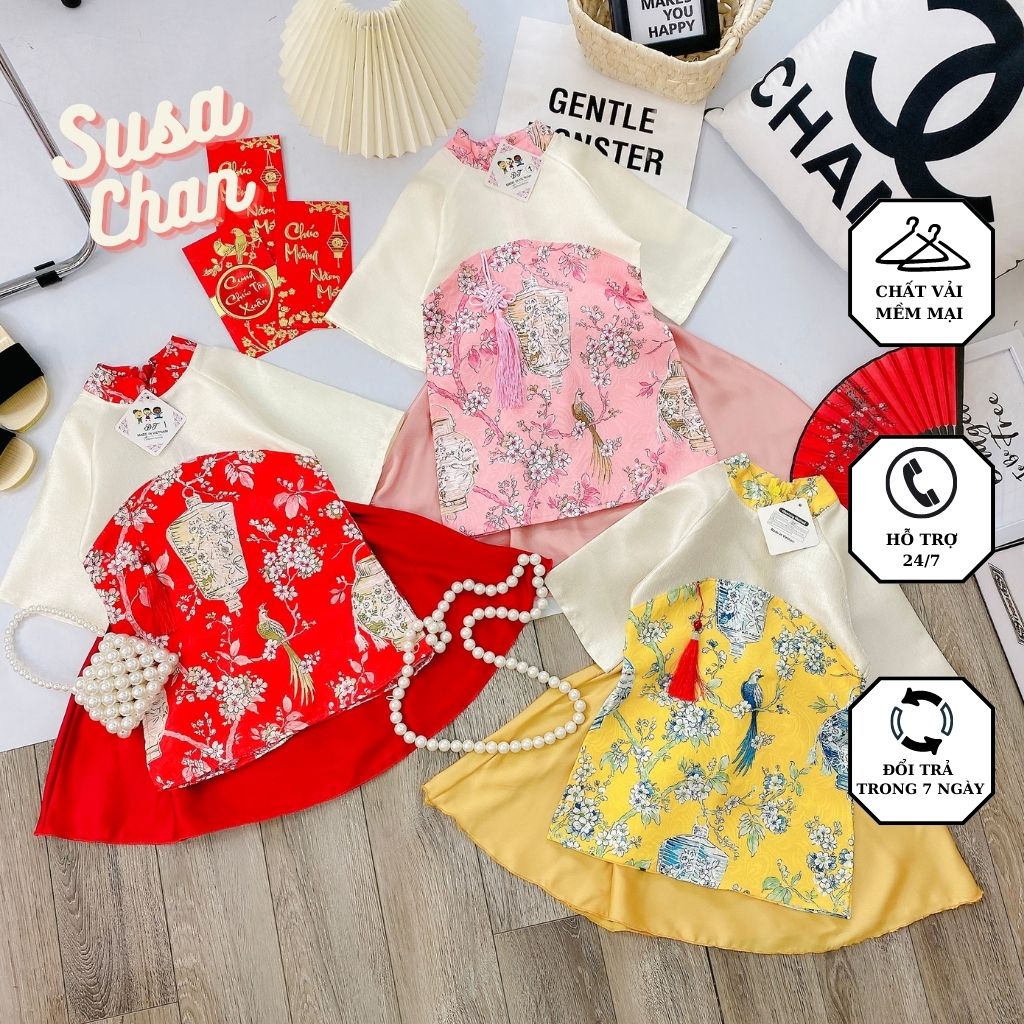 Áo dài bé gái, áo dài cách tân hoa Mộc Lan kèm chân váy cho bé size 10-20kg